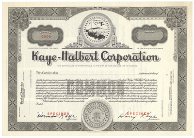 Kaye-Halbert Corporation Specimen Stock Certificate