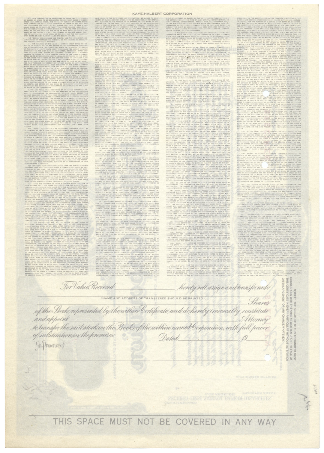 Kaye-Halbert Corporation Specimen Stock Certificate