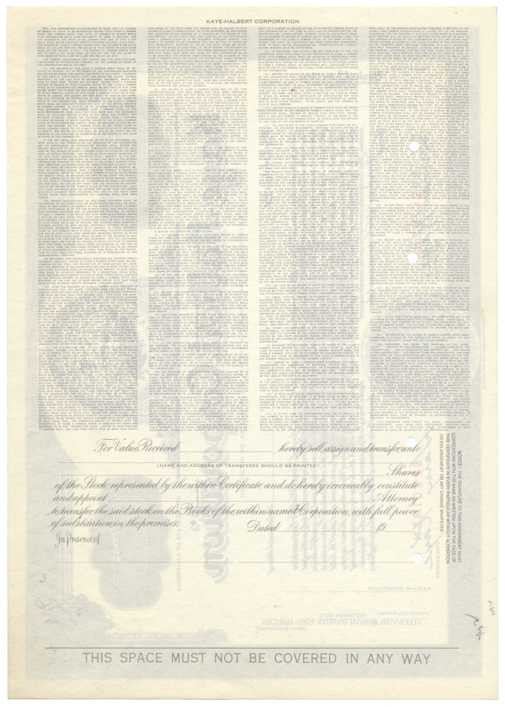 Kaye-Halbert Corporation Specimen Stock Certificate