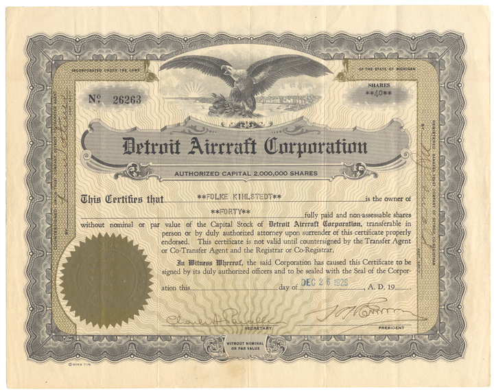 Detroit Aircraft Corporation Stock Certificate