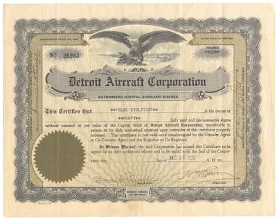 Detroit Aircraft Corporation Stock Certificate