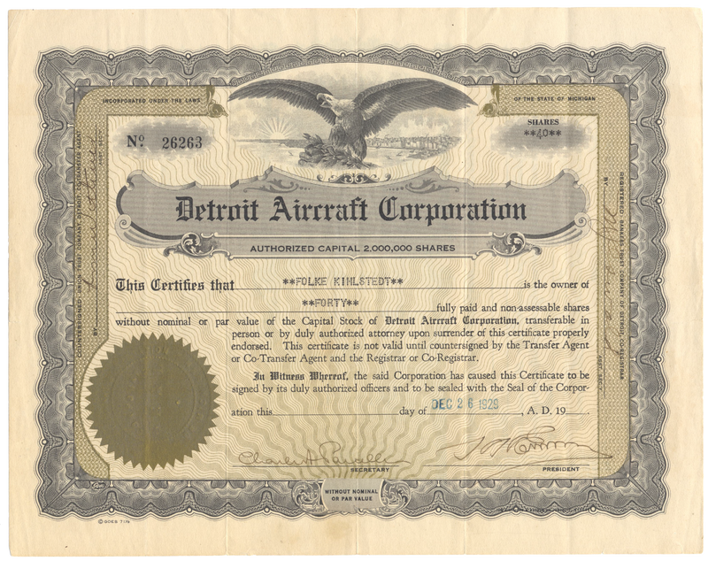 Detroit Aircraft Corporation Stock Certificate