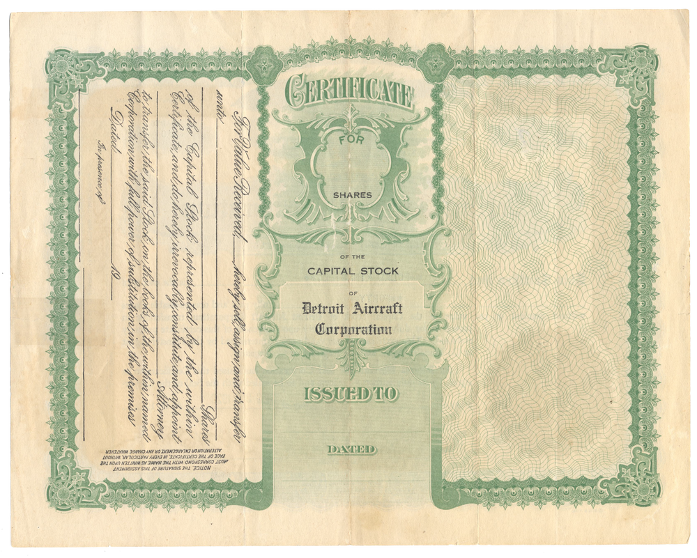 Detroit Aircraft Corporation Stock Certificate