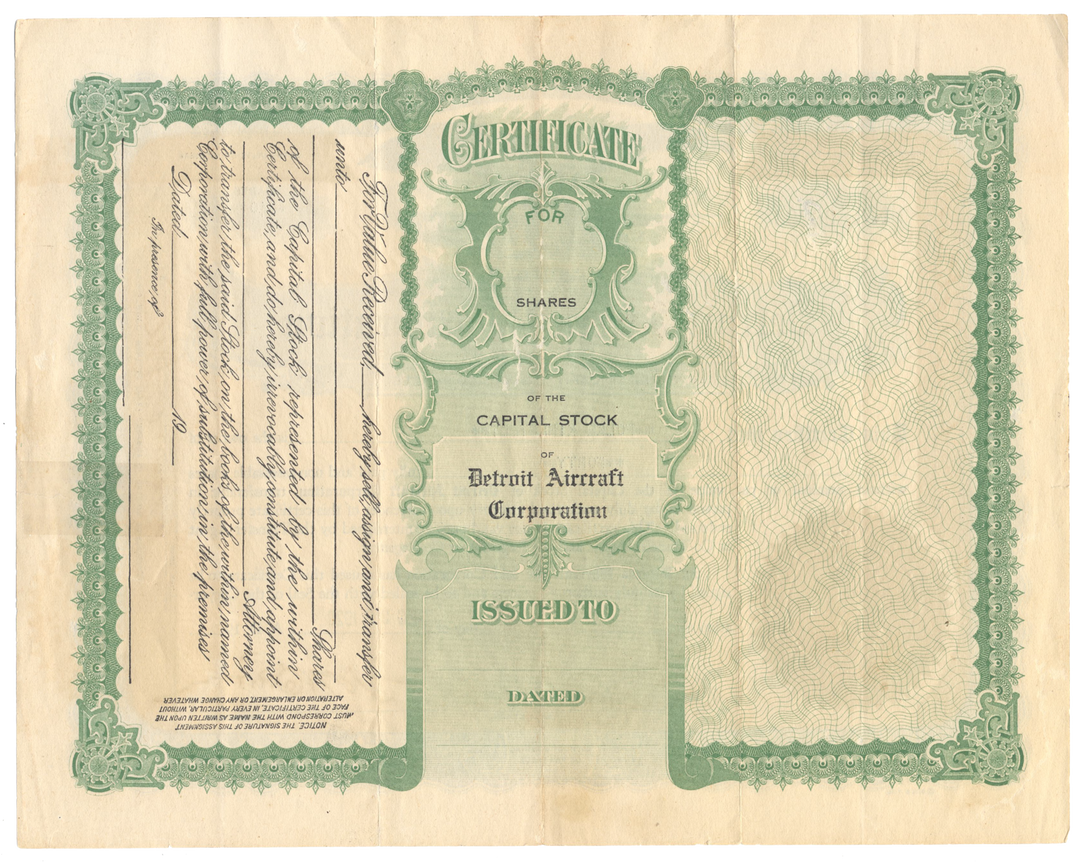 Detroit Aircraft Corporation Stock Certificate