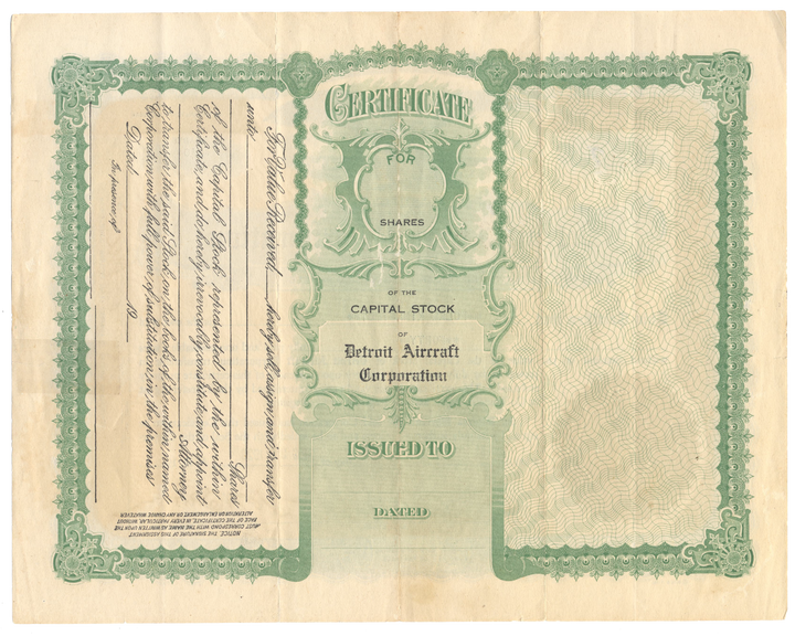 Detroit Aircraft Corporation Stock Certificate