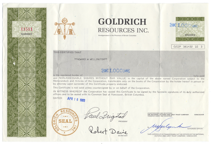 Goldrich Resources Inc. Stock Certificate