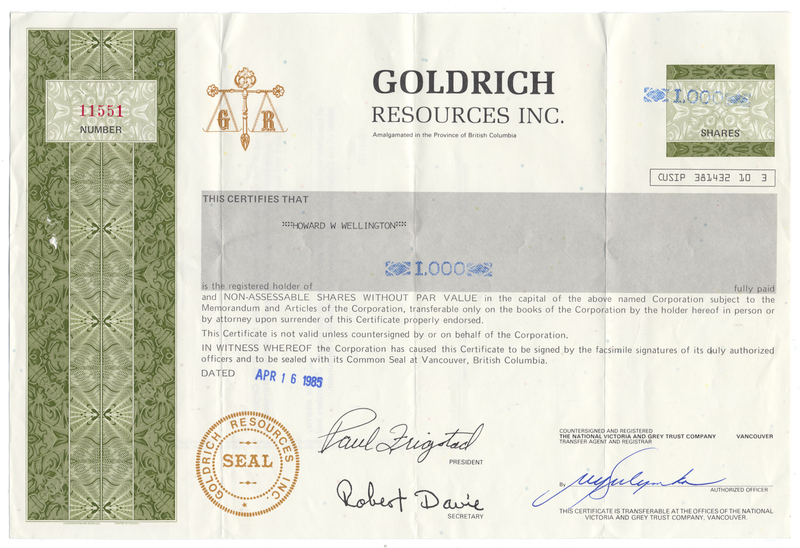 Goldrich Resources Inc. Stock Certificate