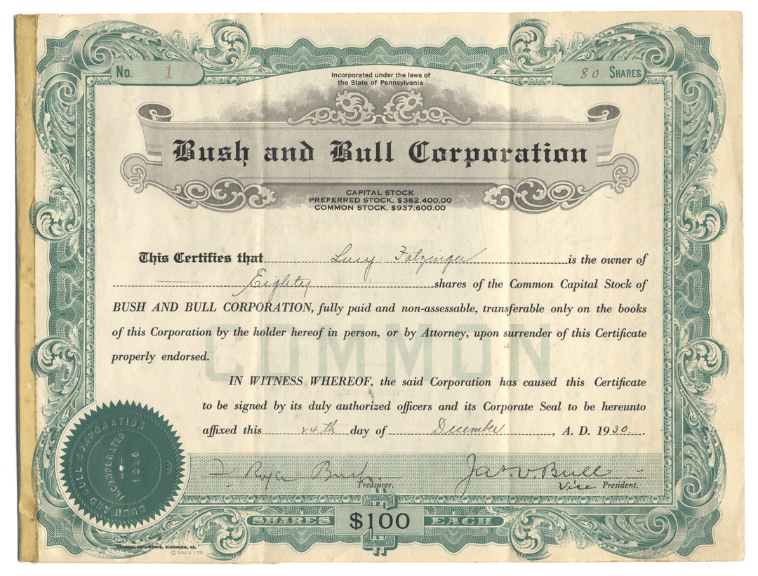 Vintage stock certificate for Bush and Bull Corporation with decorative elements. Certificate #1