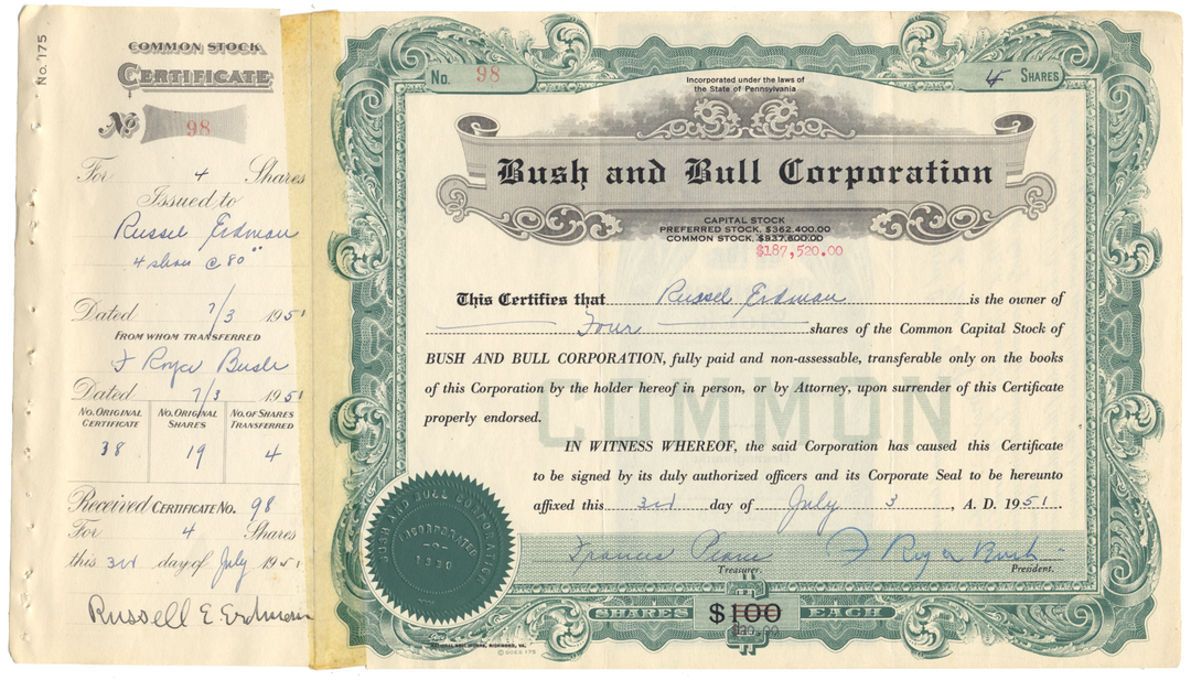 Vintage stock certificate from Bush and Bull Corporation with decorative elements.