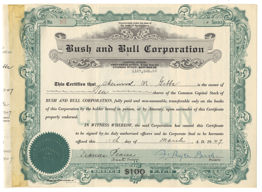 Vintage stock certificate from Bush and Bull Corporation with decorative elements.