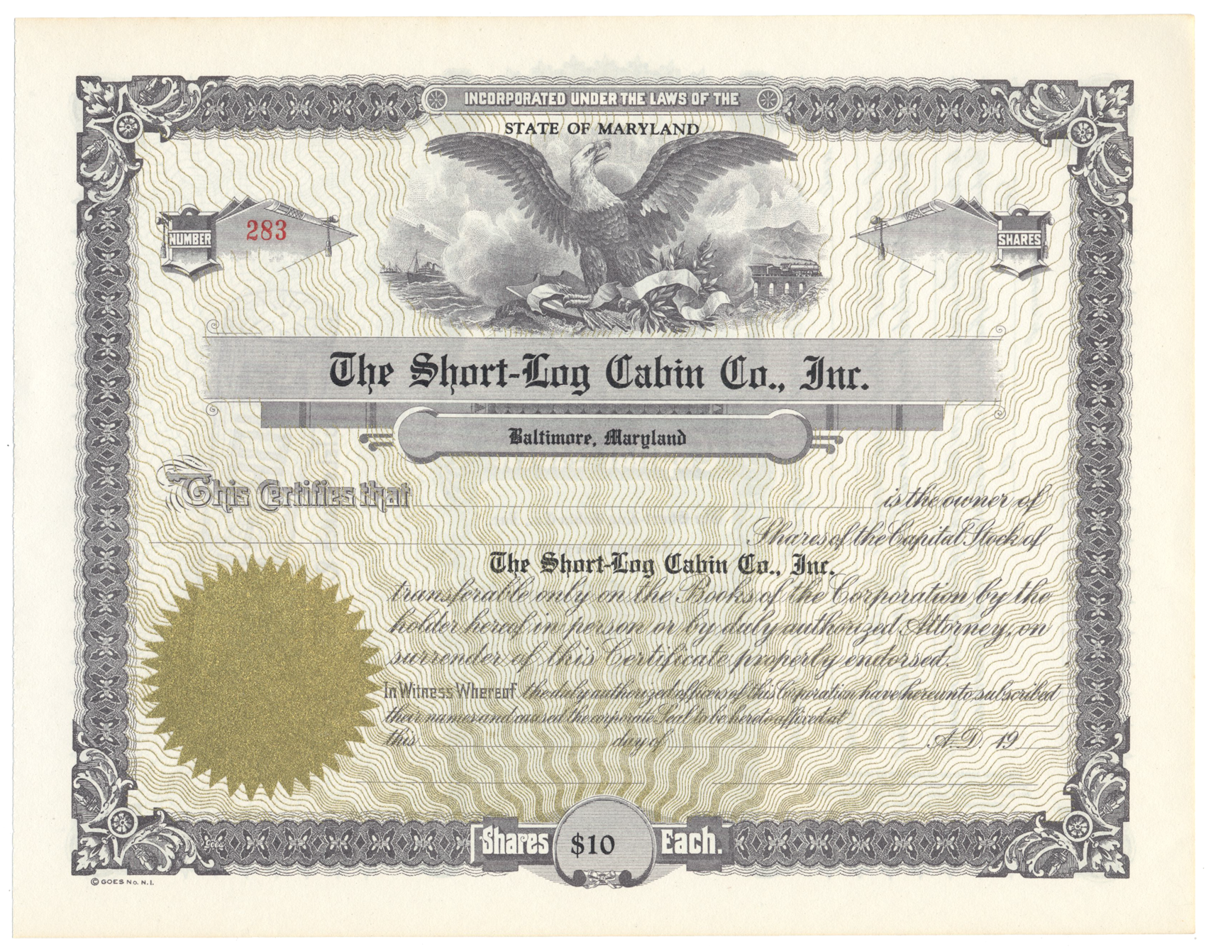 Short-Log Cabin Co. Stock Certificate