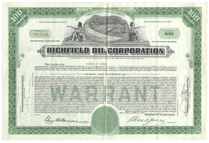 Richfield Oil Corporation Common Stock Warrant