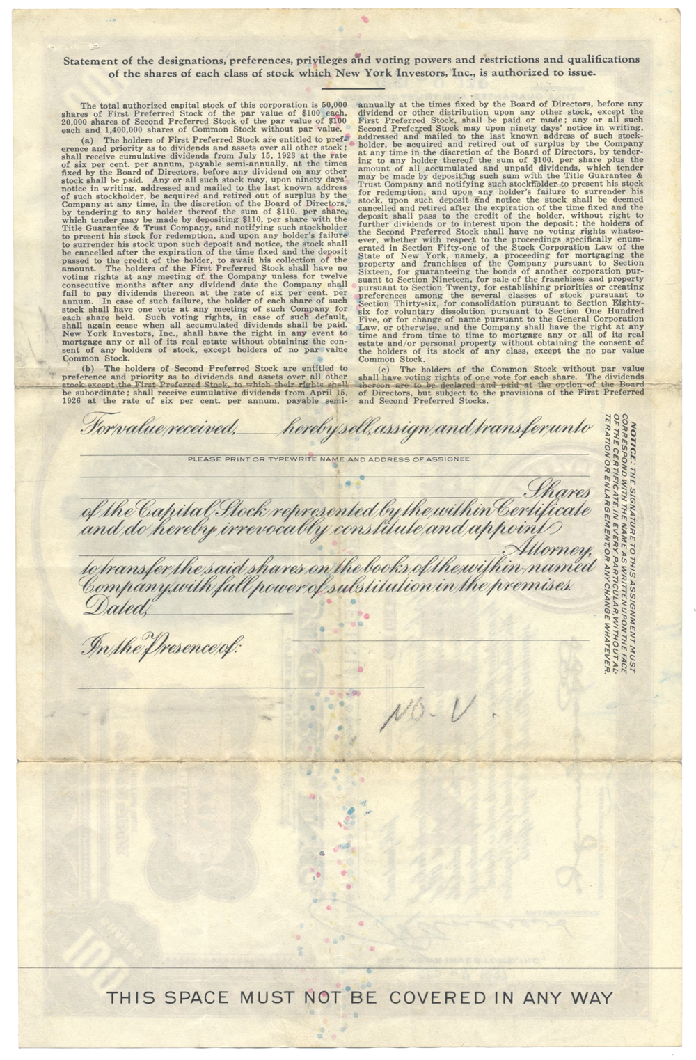 New York Investors, Inc. Stock Certificate