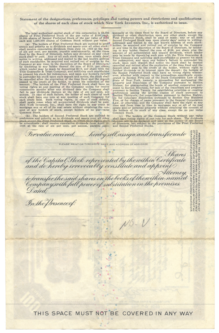 New York Investors, Inc. Stock Certificate