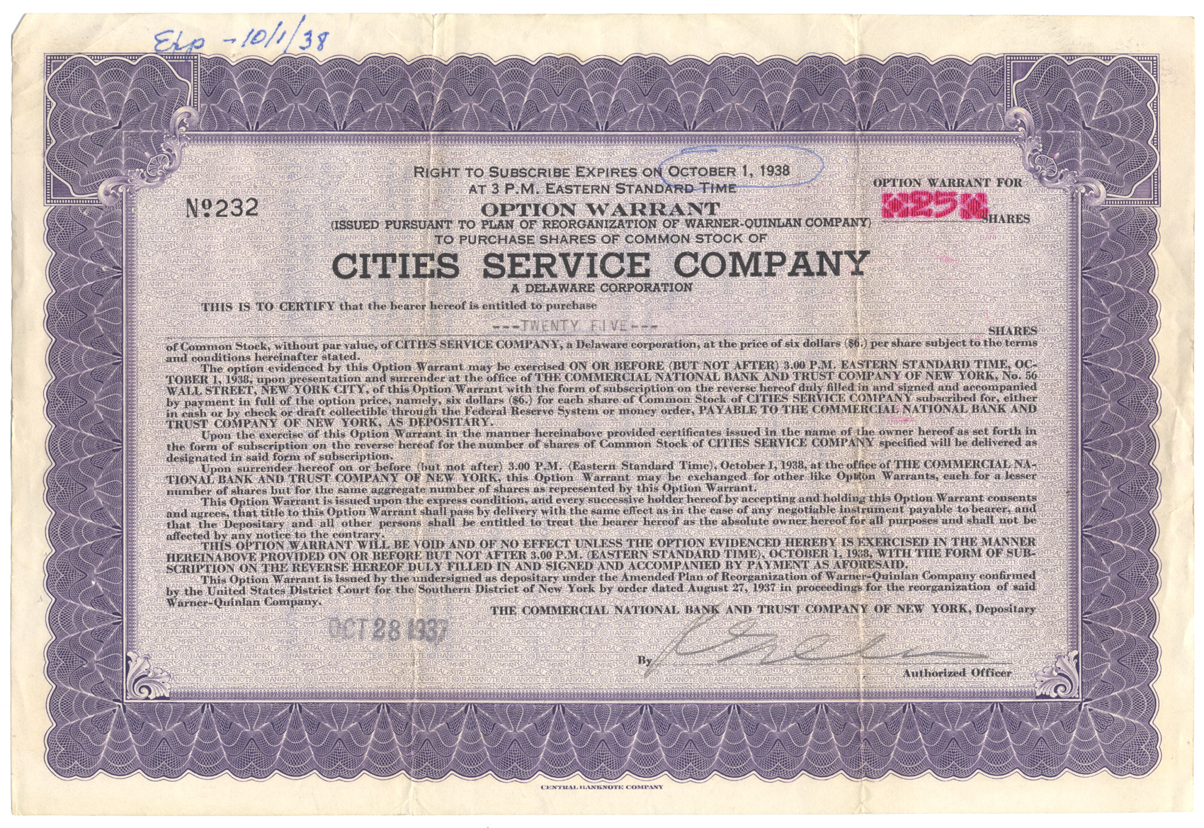 Cities Service Company (Citgo) Stock Certificate