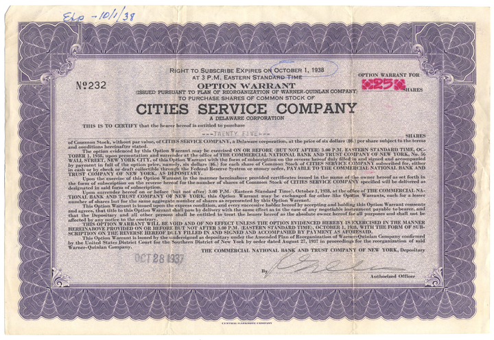 Cities Service Company (Citgo) Stock Certificate