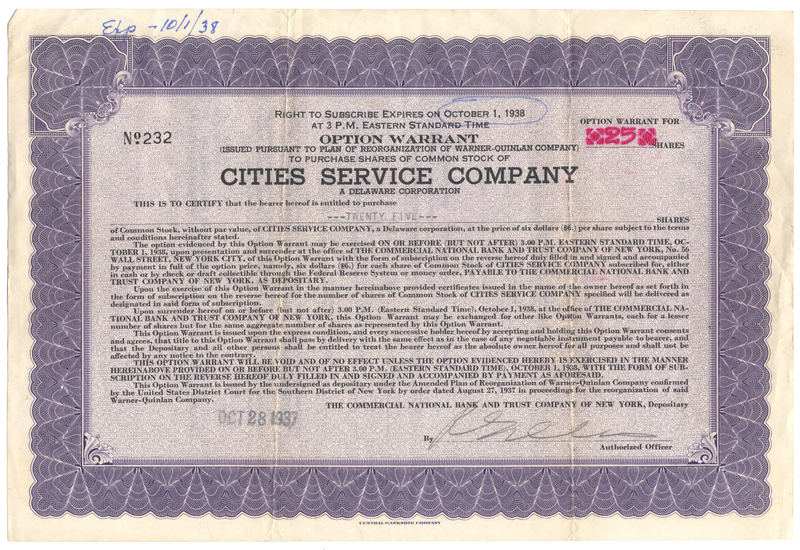 Cities Service Company (Citgo) Stock Certificate