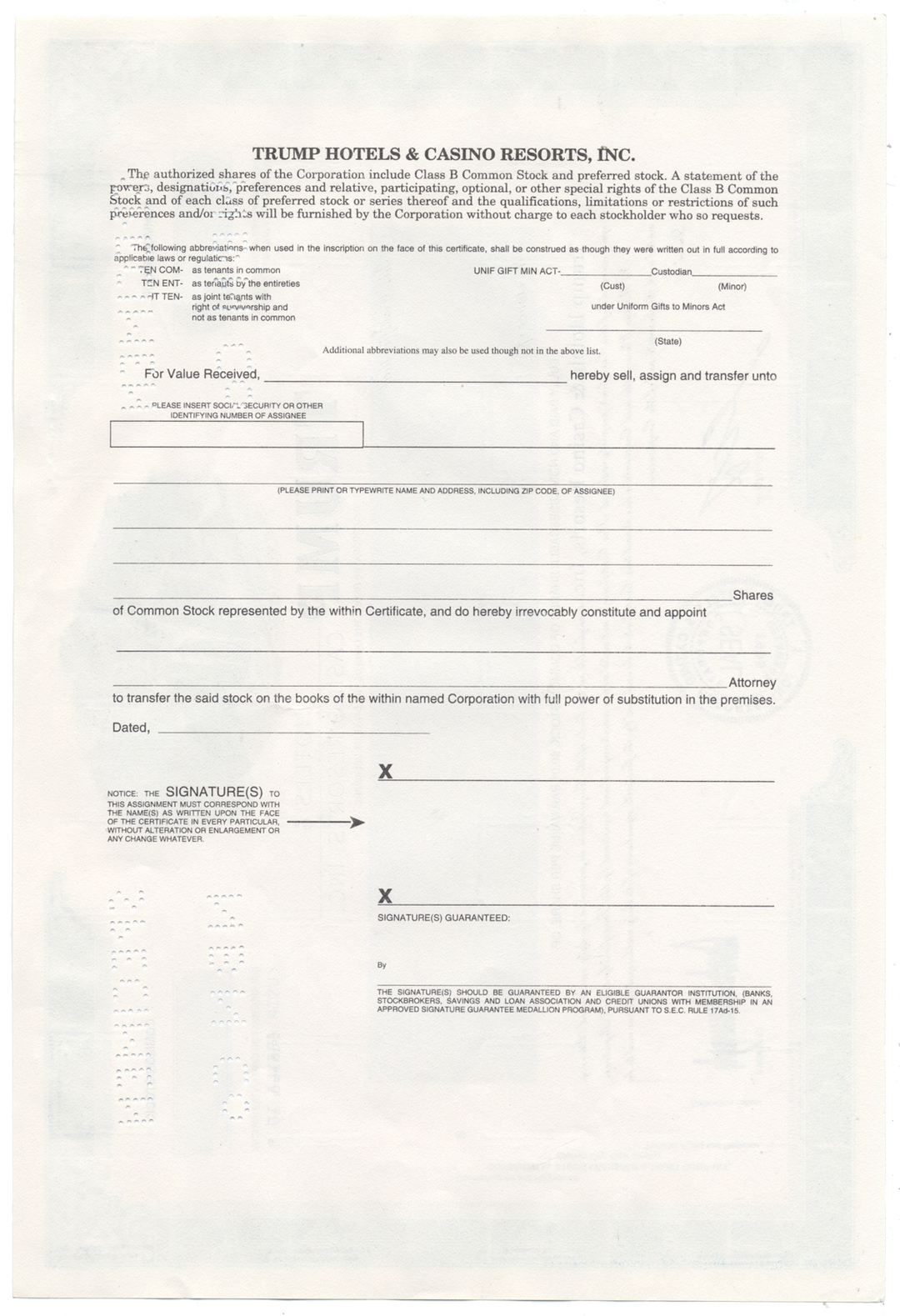 Trump Hotels & Casino Resorts, Inc. Specimen Stock Certificate