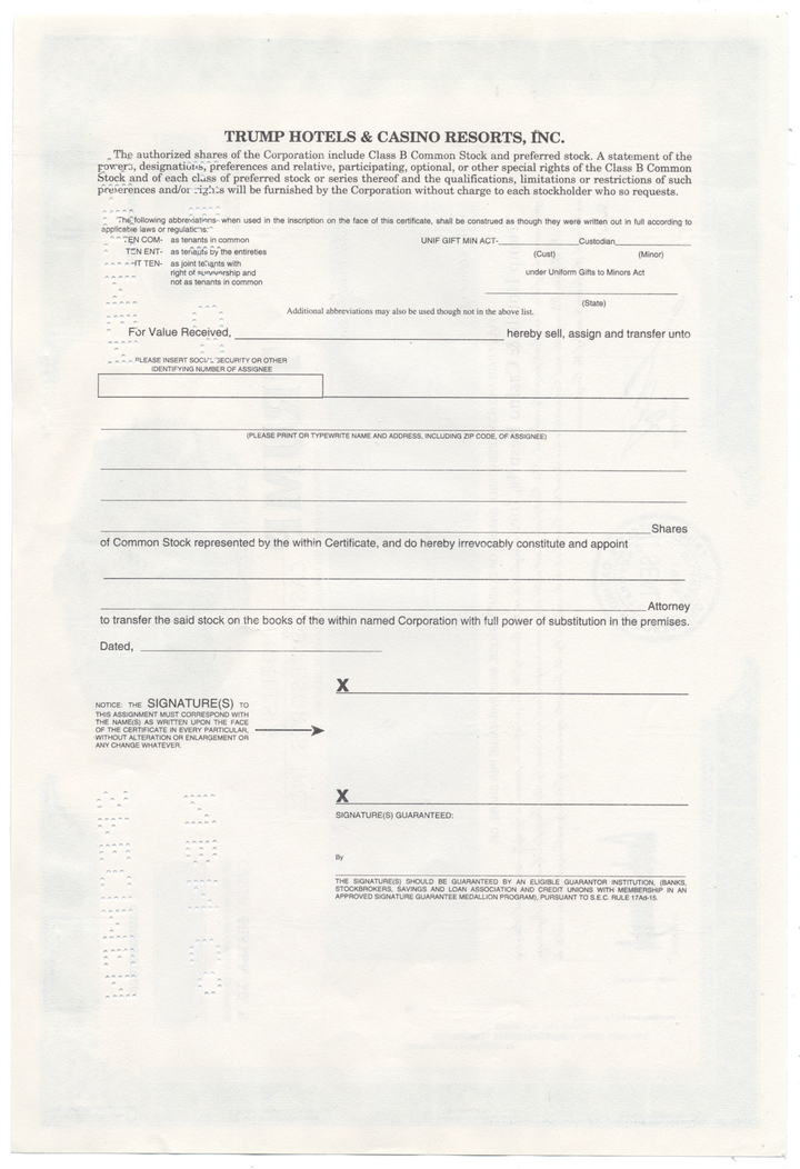 Trump Hotels & Casino Resorts, Inc. Specimen Stock Certificate