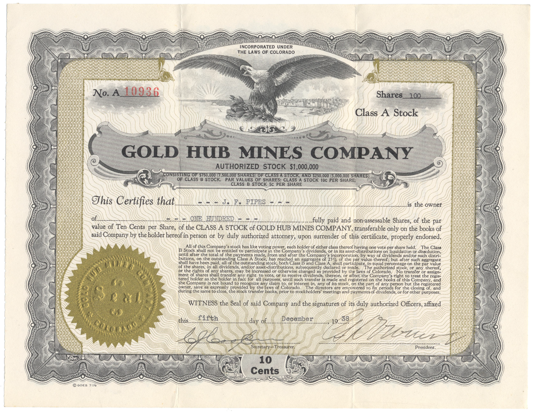 Gold Hub Mines Company Stock Certificate