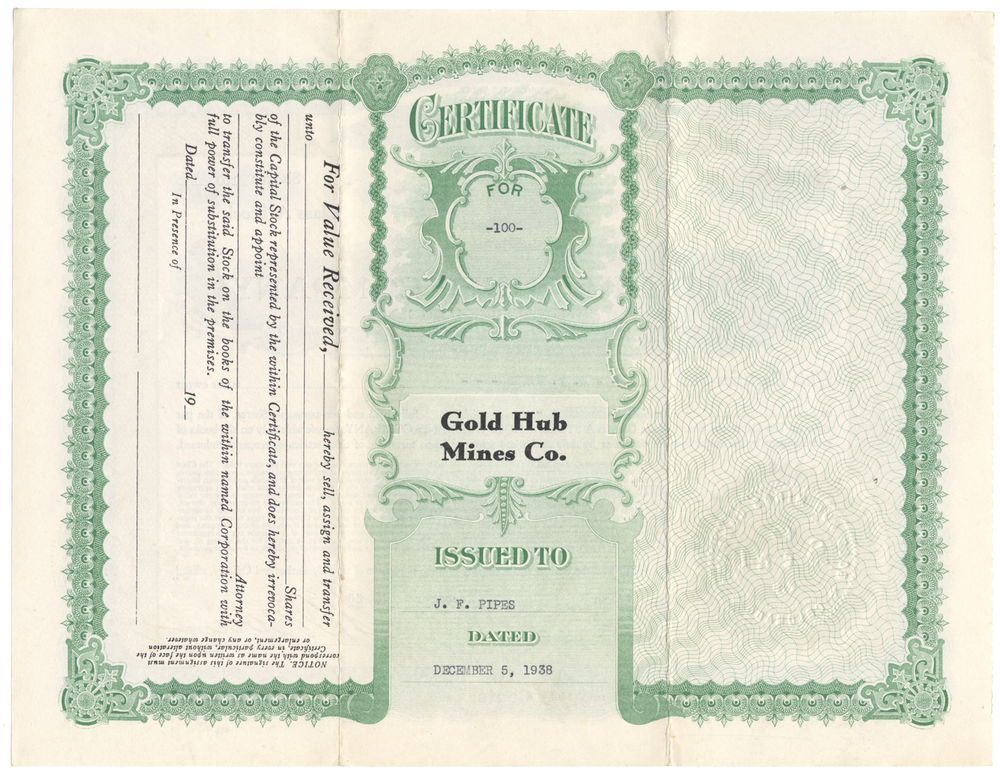 Gold Hub Mines Company Stock Certificate