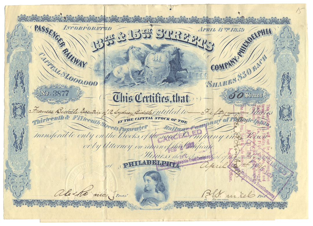 13th & 15th Streets Passenger Railway Company of Philadelphia Stock Certificate