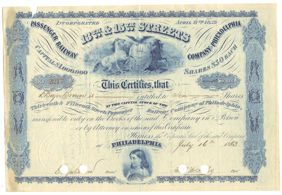 13th & 15th Streets Passenger Railway Company of Philadelphia Stock Certificate from 1883