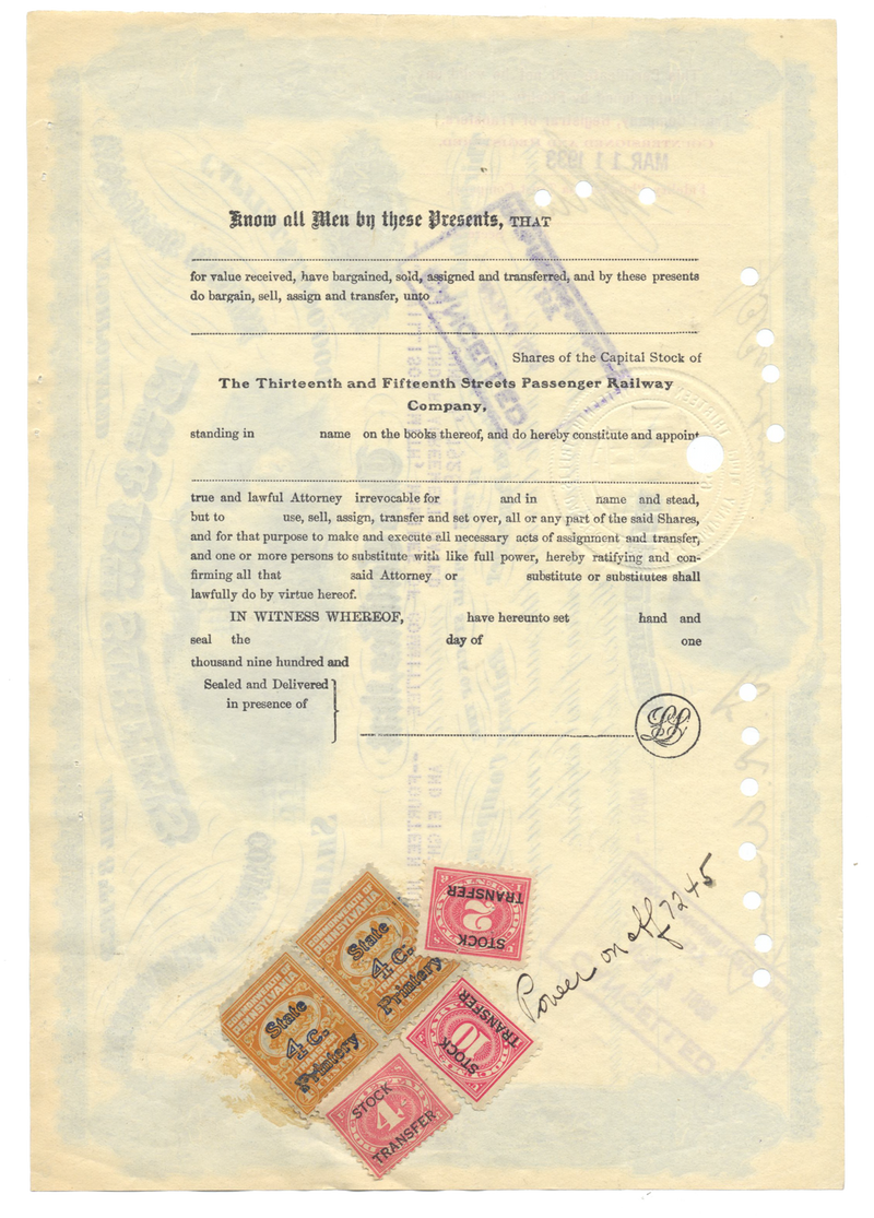 13th & 15th Streets Passenger Railway Company of Philadelphia Stock Certificate
