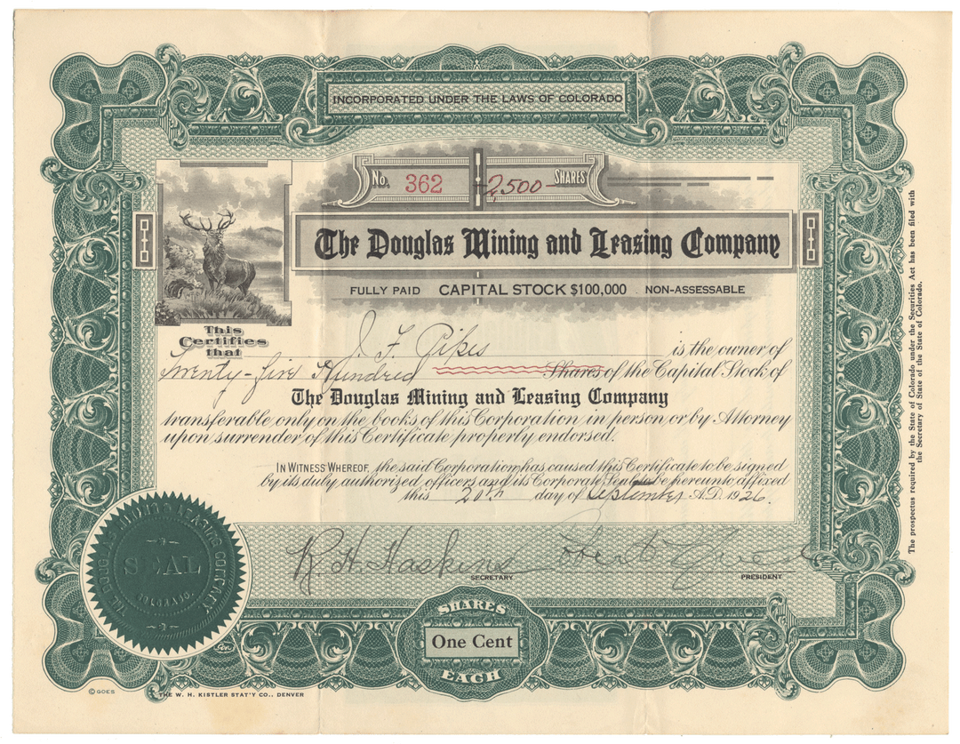 Douglas Mining and Leasing Company Stock Certificate