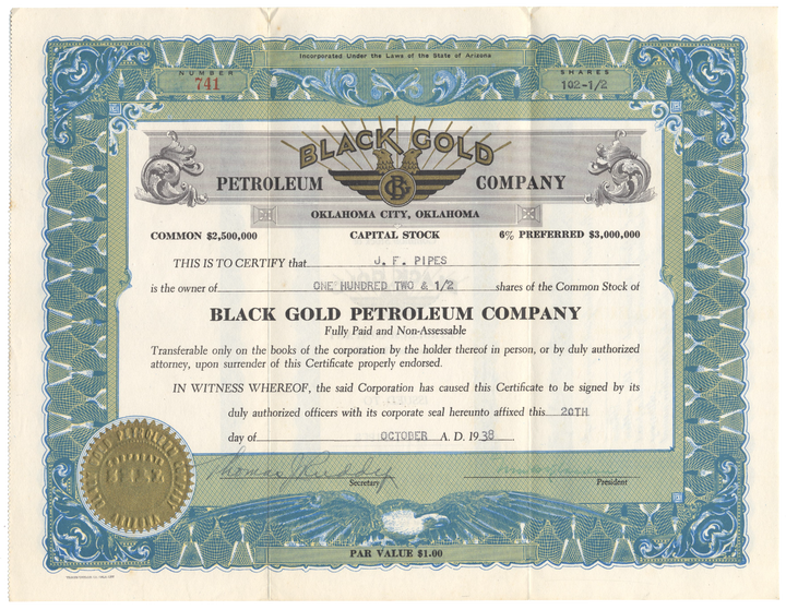 Black Gold Petroleum Company Stock Certificate