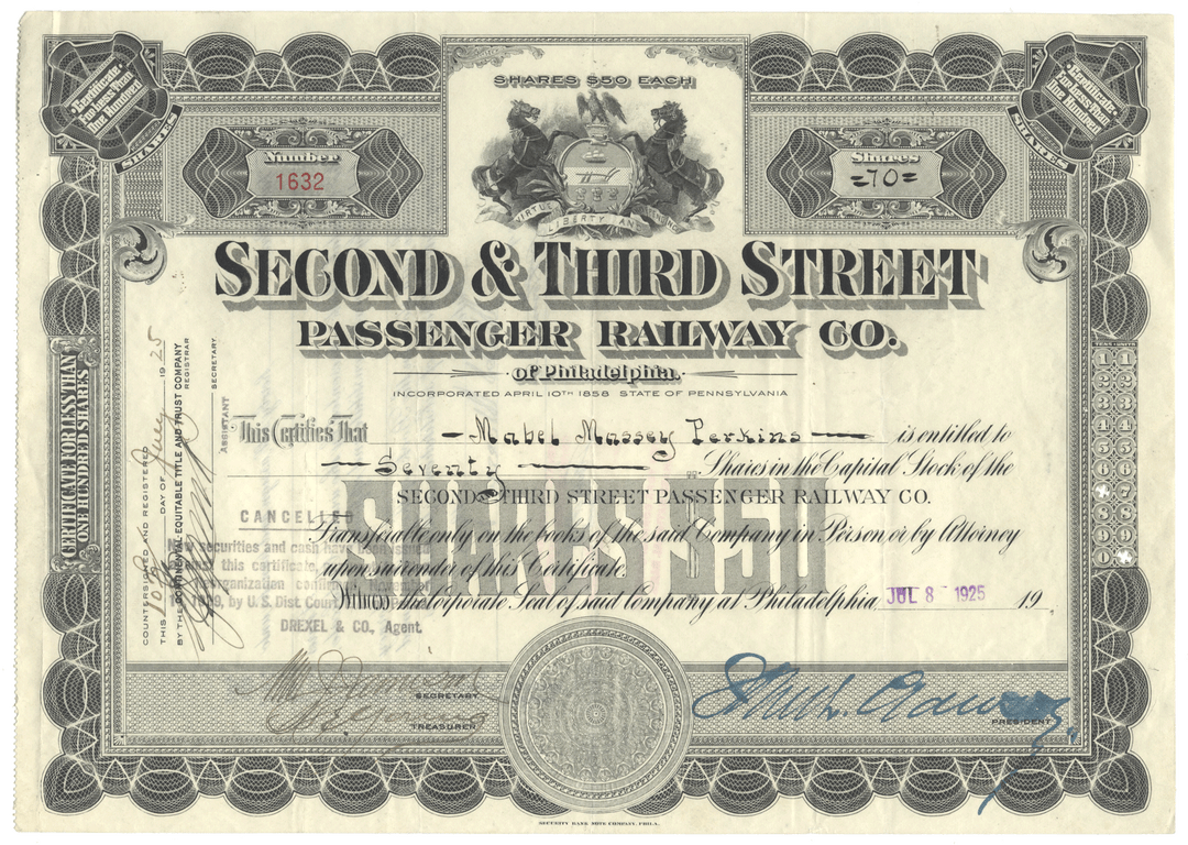 Vintage stock certificate for Second & Third Street Passenger Railway Co. with decorative elements.