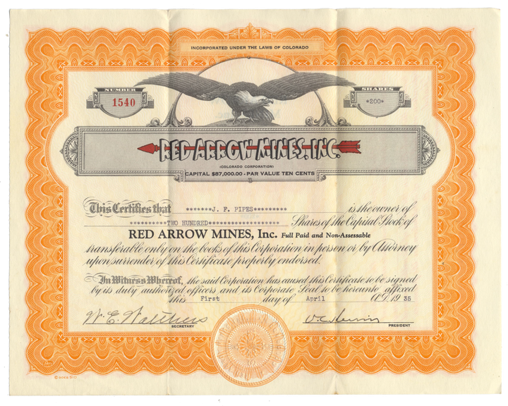 Red Arrow Mines, Inc. Stock Certificate