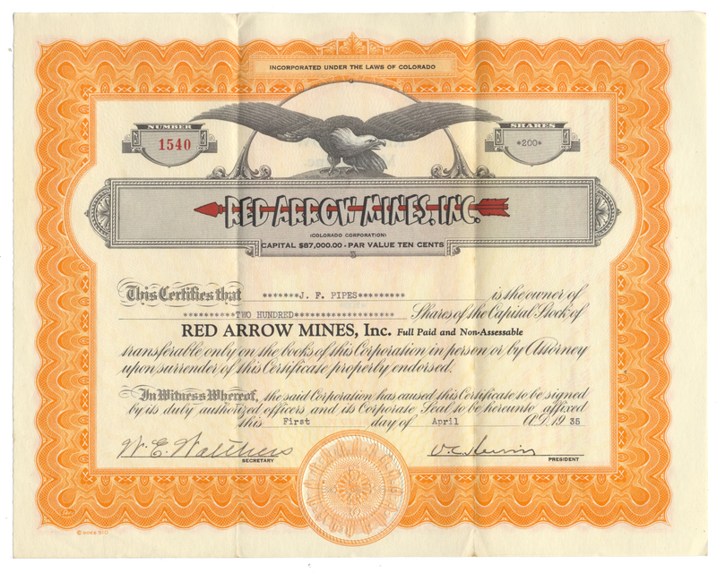 Red Arrow Mines, Inc. Stock Certificate
