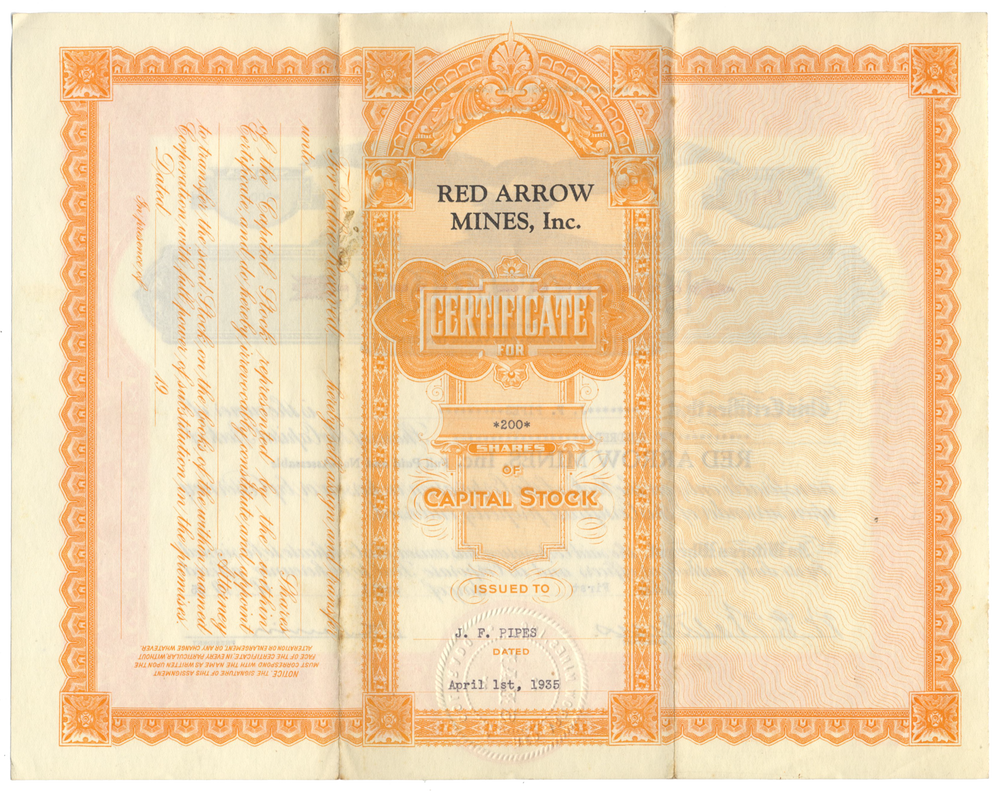 Red Arrow Mines, Inc. Stock Certificate