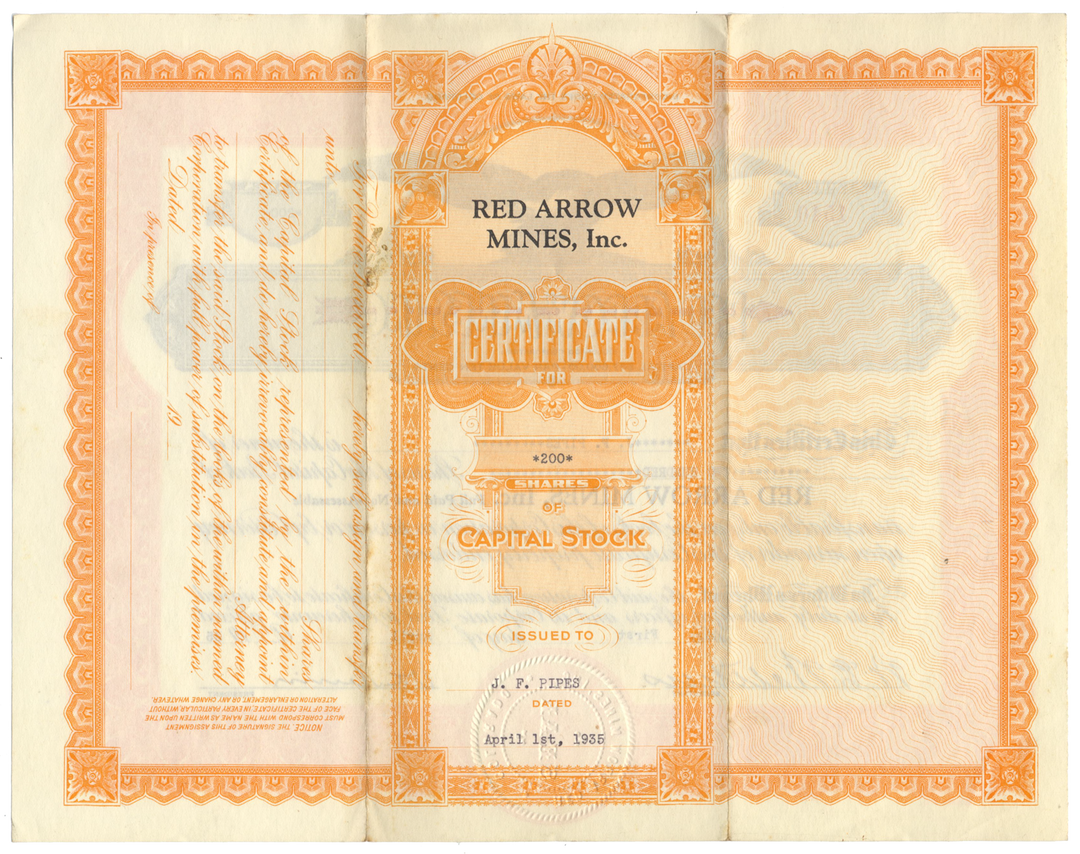 Red Arrow Mines, Inc. Stock Certificate