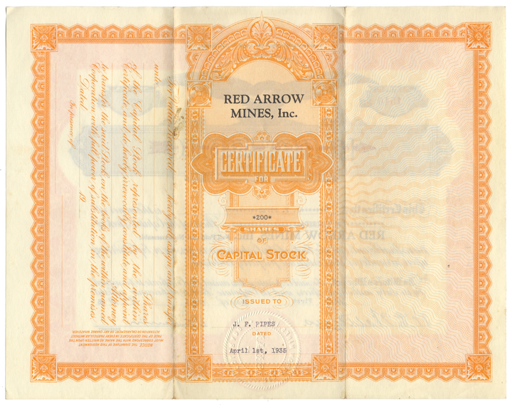 Red Arrow Mines, Inc. Stock Certificate