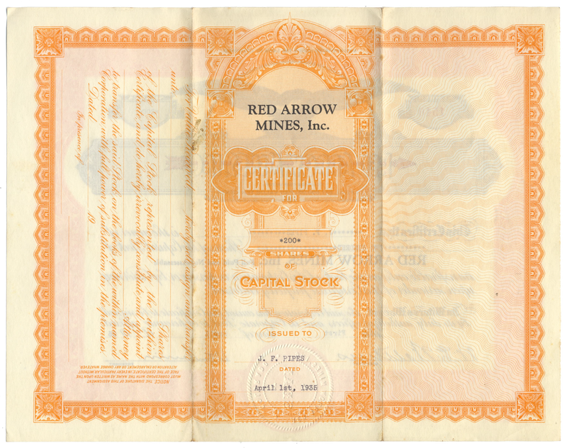 Red Arrow Mines, Inc. Stock Certificate