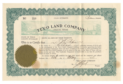 Tex-O Land Company Stock Certificate