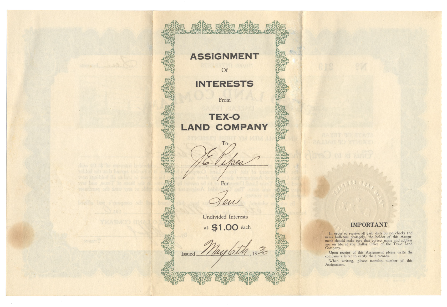Tex-O Land Company Stock Certificate