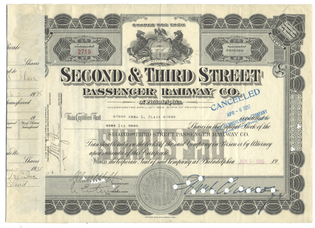 Vintage stock certificate for the Second & Third Street Passenger Railway Co. of Philadelphia, dated 1935