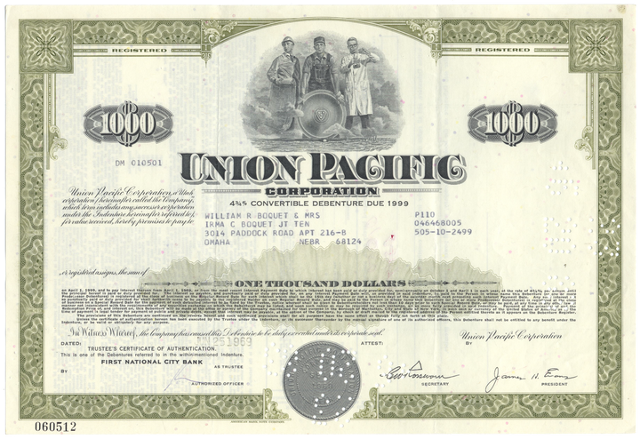 Union Pacific Corporation Bond Certificate