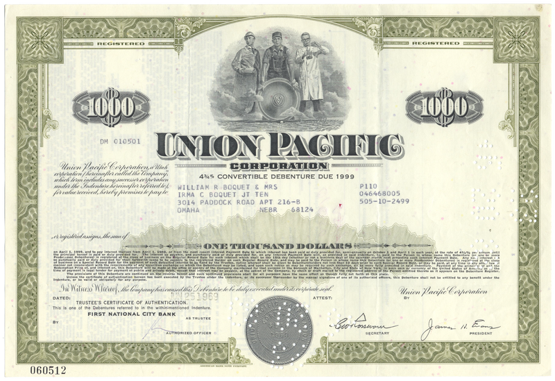 Union Pacific Corporation Bond Certificate