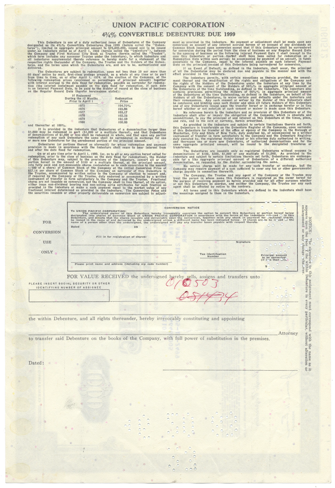 Union Pacific Corporation Bond Certificate