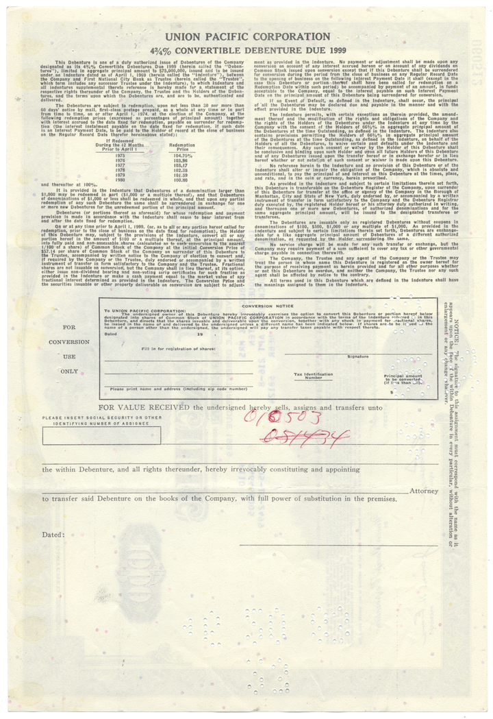 Union Pacific Corporation Bond Certificate