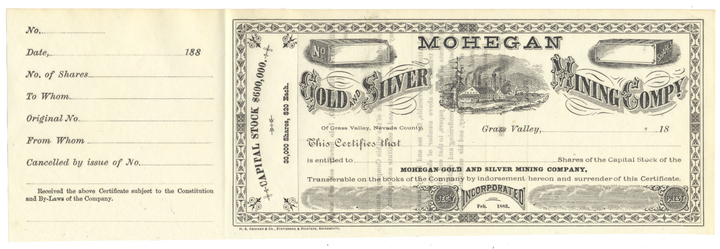 Mohegan Gold & Silver Mining Company Stock Certificate