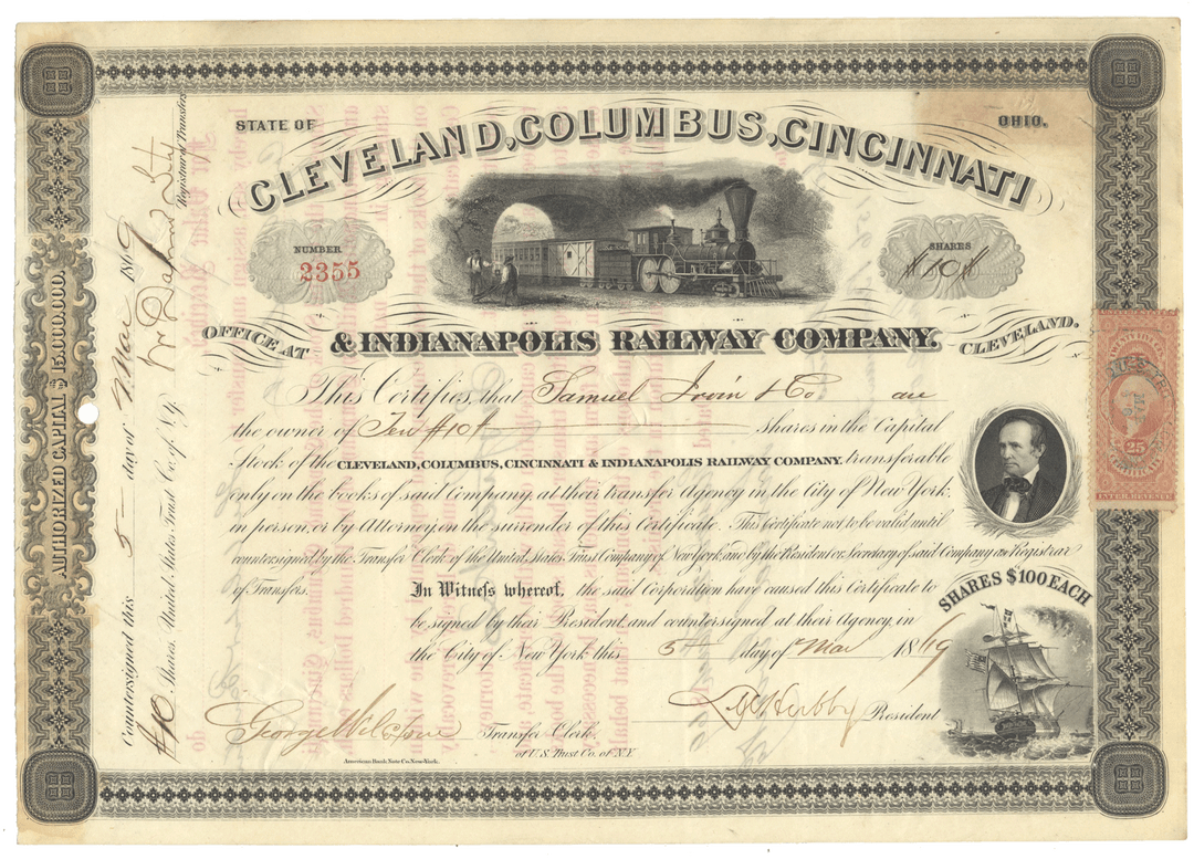 Historical stock certificate for the Cleveland, Columbus, Cincinnati & Indianapolis Railway Company with vintage design elements and dated 1869