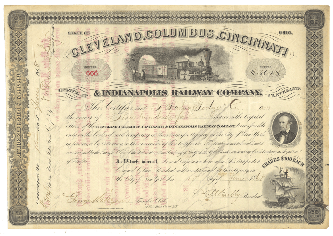 Vintage stock certificate for the Cleveland, Columbus, & Indianapolis Railway Company with illustrations and text from 1868