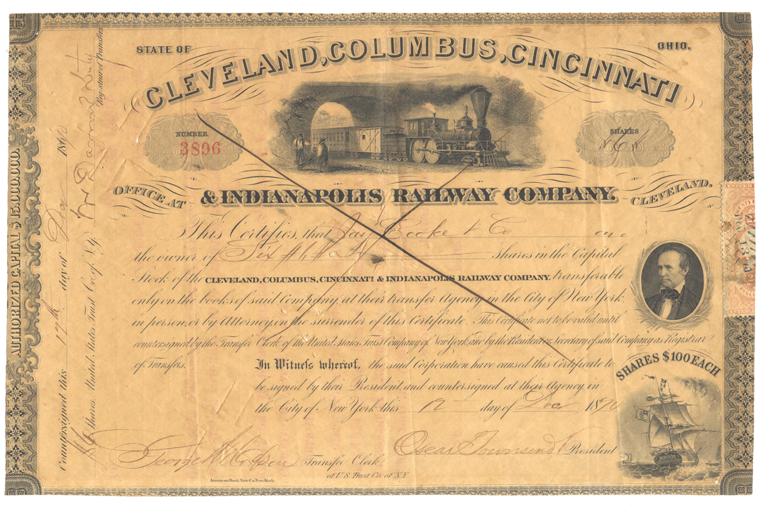 Vintage stock certificate for the Cleveland, Columbus, Cincinnati, and Indianapolis Railway Company with a steam locomotive illustration dated 1870