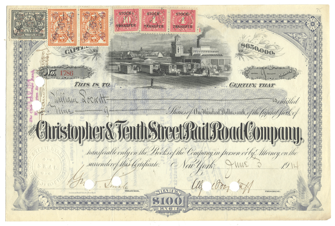 Vintage stock certificate for Christopher & Tenth Street Railroad Company with train illustration