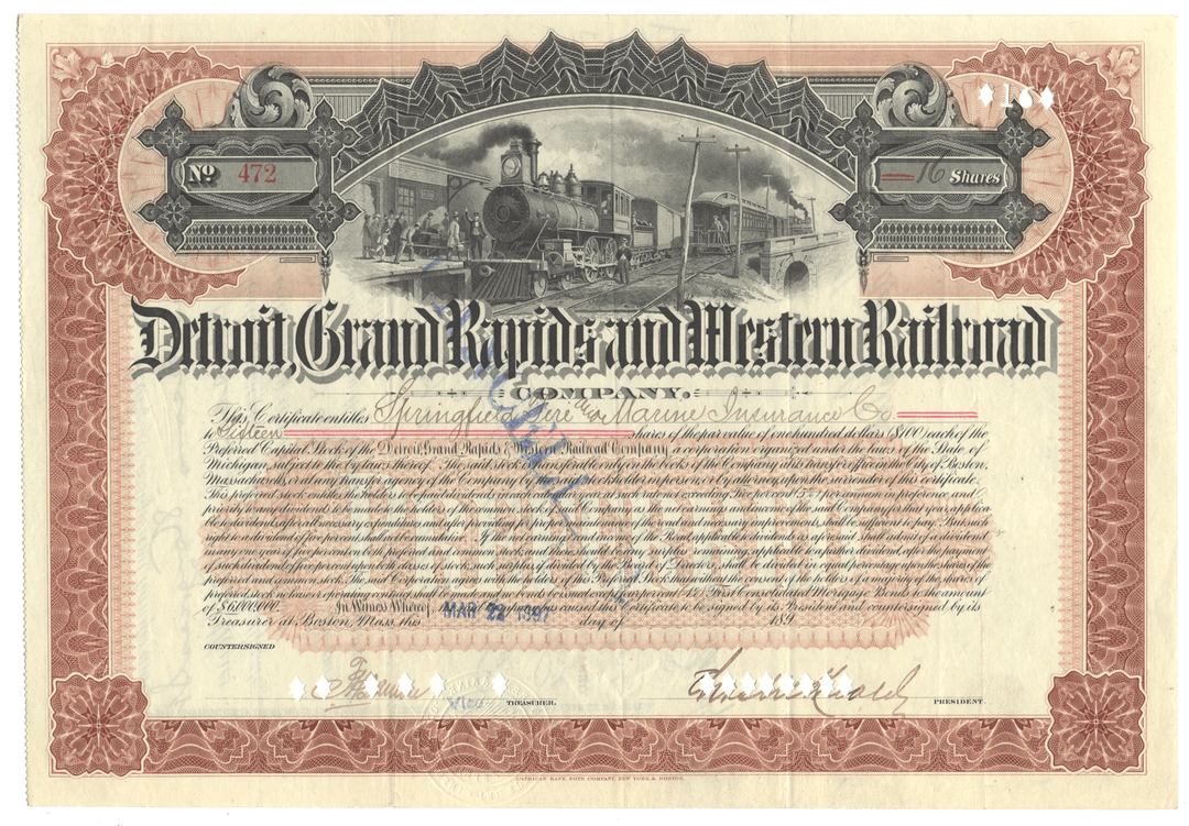 Detroit, Grand Rapids and Western Railroad Company Stock Certificate from 1897